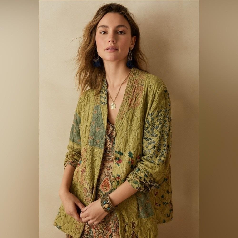 Natural Choice Vintage Green Floral Patchwork Jacket, Women's Size XL